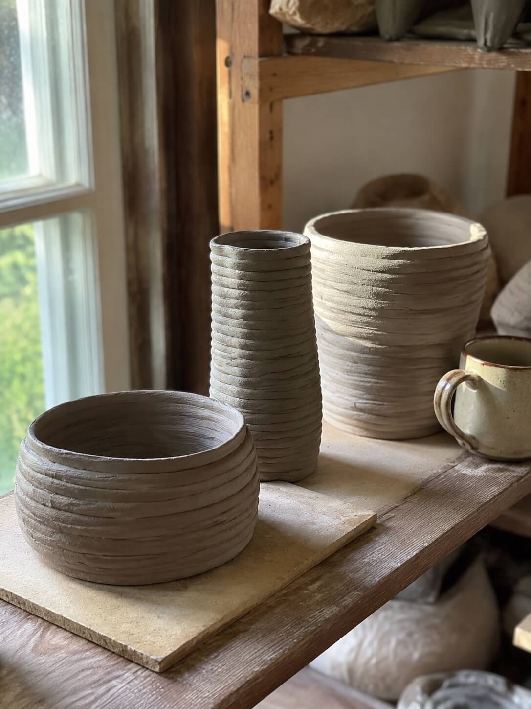 Drying coil pots on a studio shelf